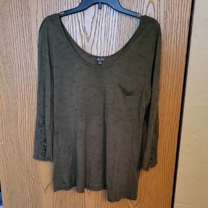 Lily Rose Olive Green 3/4 Lace Detail Sleeve Blouse , Sz XL